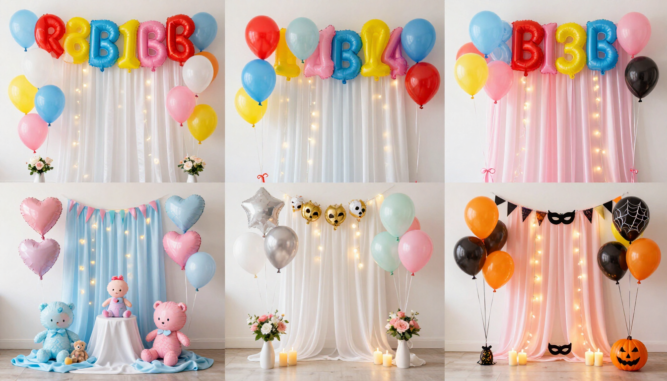 Decoraciones coloridas para fiestas de cumpleaños con globos, pancartas, ositos de peluche y exhibidores de pasteles.