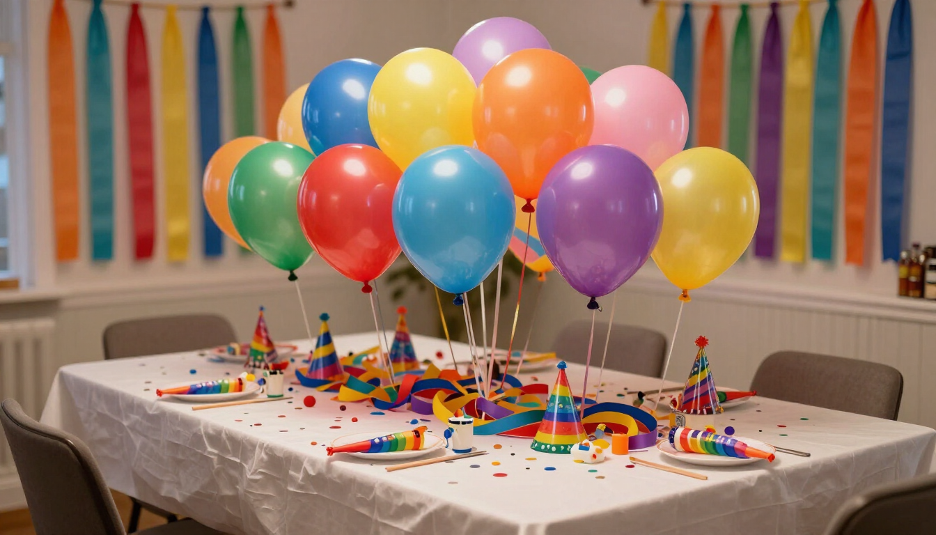 Mesa de cumpleaños llena de globos con coloridas decoraciones y gorros de fiesta en una habitación luminosa.