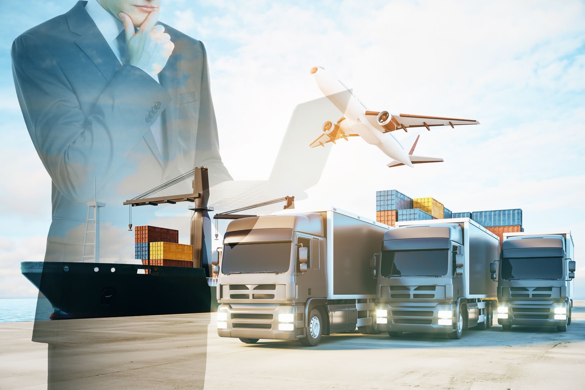 Cargo trucks, container ship, and airplane in a bright logistics and shipping scene