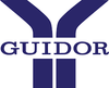 GUIDOR-logo in donkerblauw met gestileerd Y-vormig embleem op een witte achtergrond.