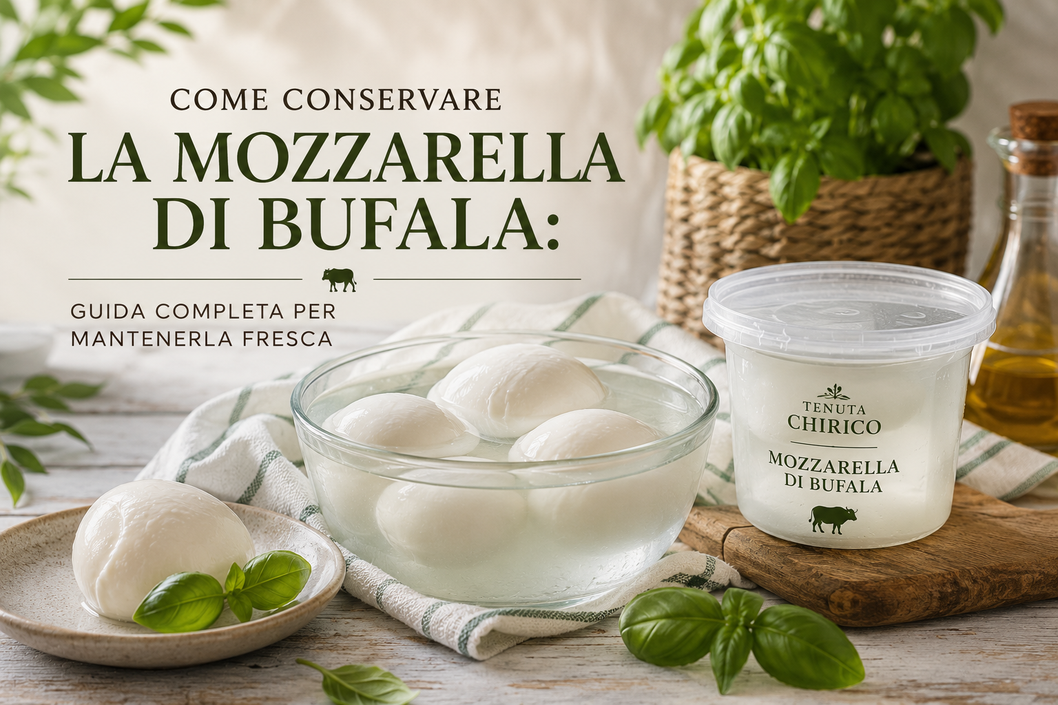 Mozzarella di bufala in ciotole e vasetto con basilico, guida alla conservazione per promuovere la freschezza in italiano
