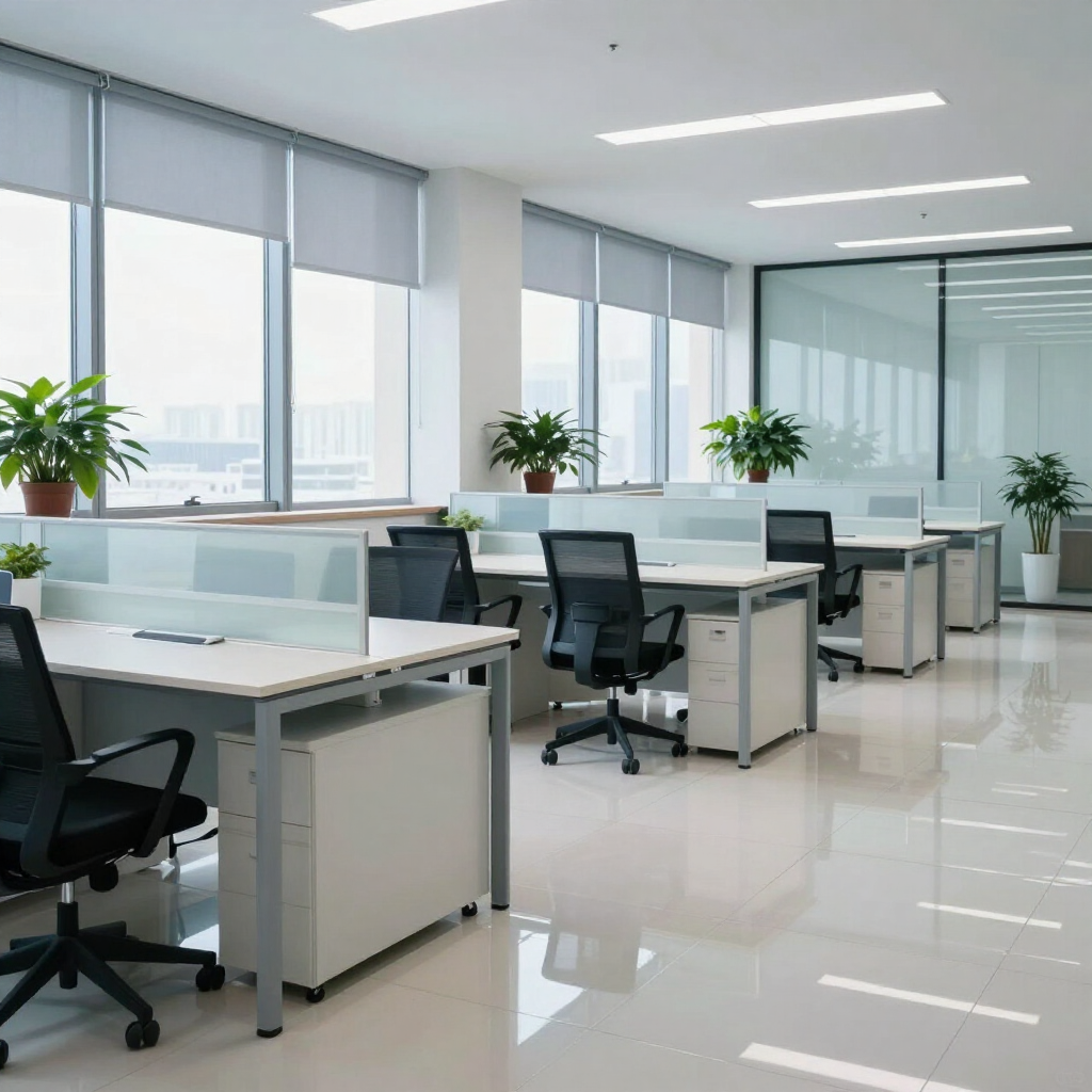 Bright modern open-plan office with desks, black chairs, and large windows letting in daylight.