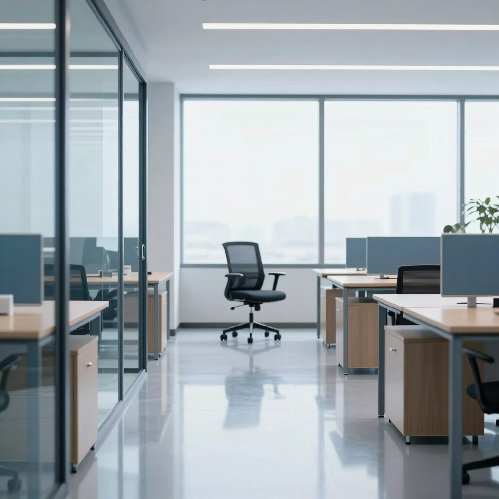 Modern open-plan office with desks, glass partitions, and a single black swivel chair centered by large windows