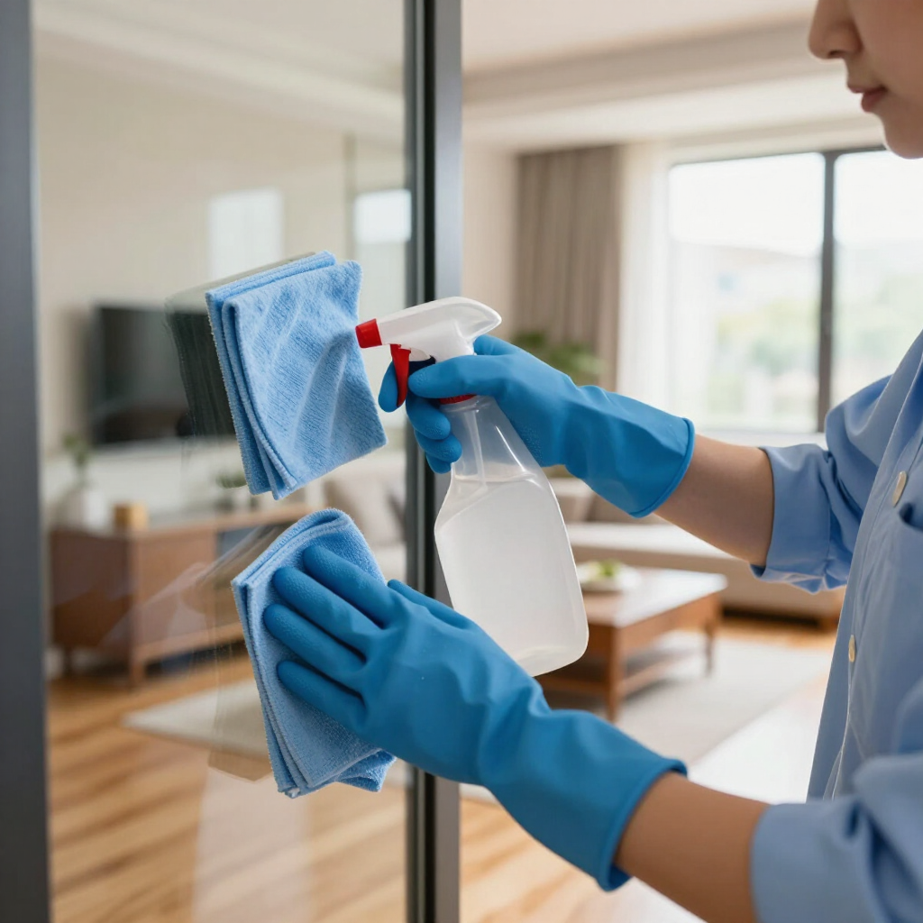 Person in blue gloves spraying and wiping a glass surface with a blue cloth in a bright room
