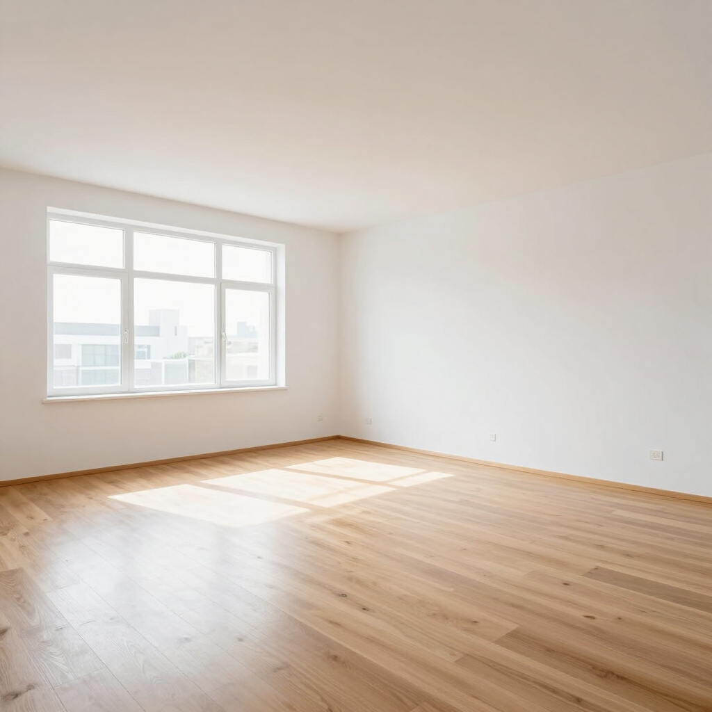 Bright empty room with light wood floors, white walls, and sunlight streaming through a large window.