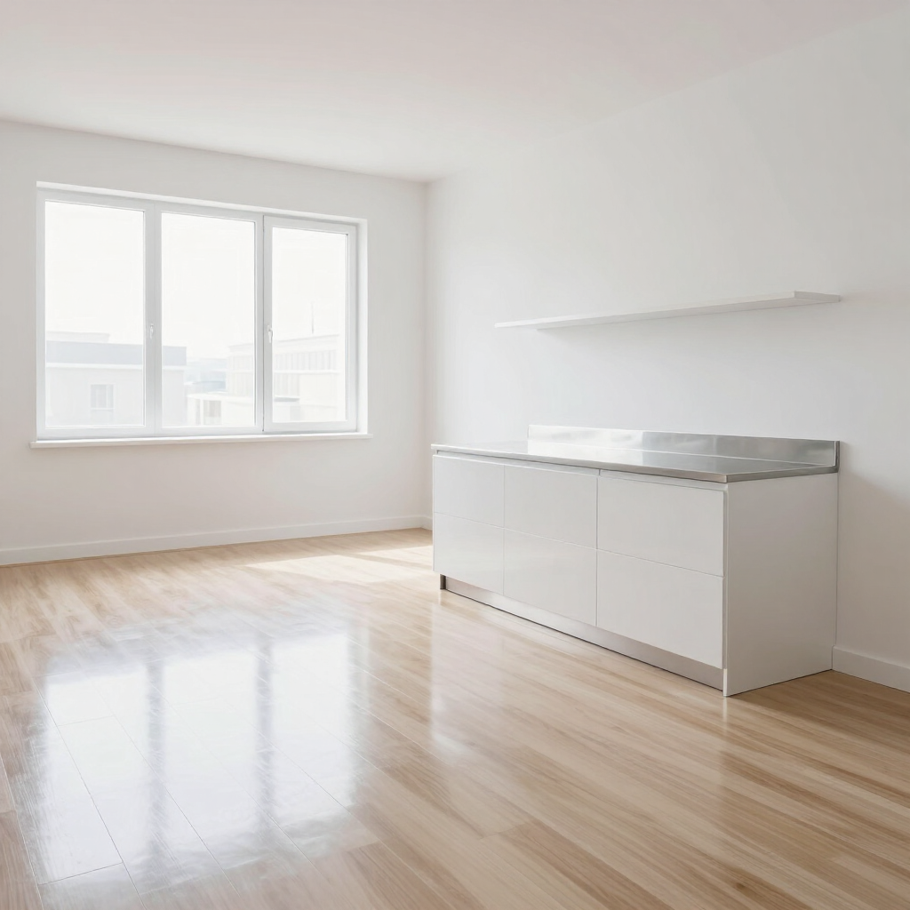 Bright empty room with large window, light wood floors, and a white cabinet against the wall