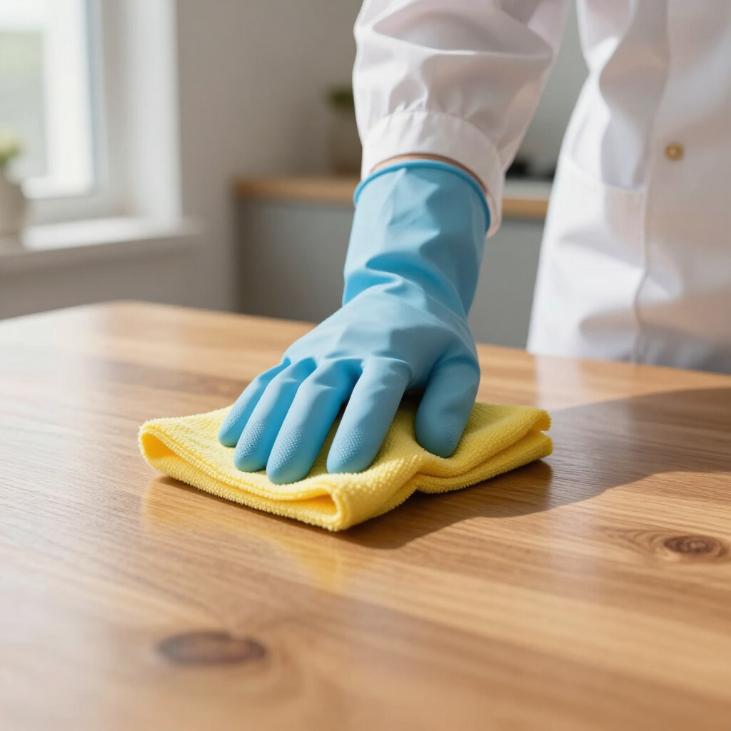 Blue-gloved hand wipes a wooden table with a yellow cloth near a bright window.