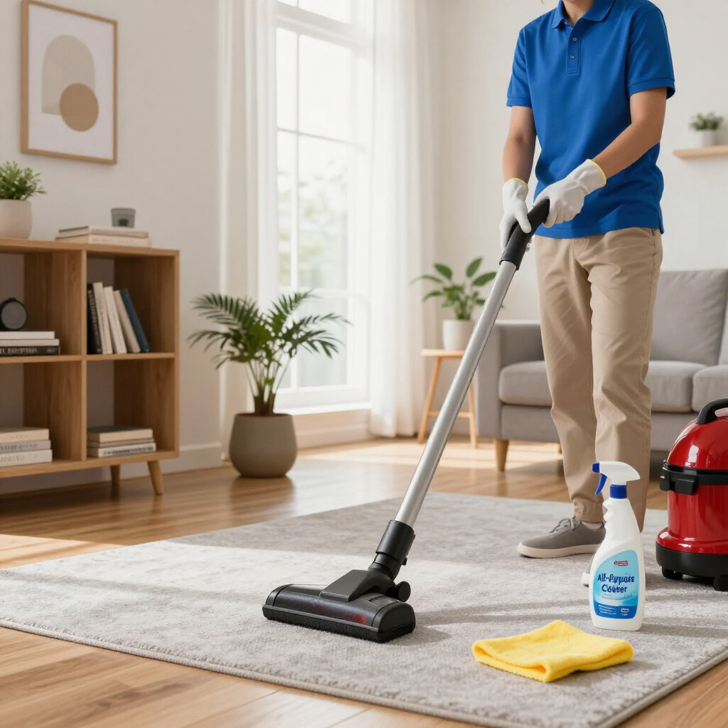 Person vacuuming a bright living room beside cleaning supplies and a yellow cloth
