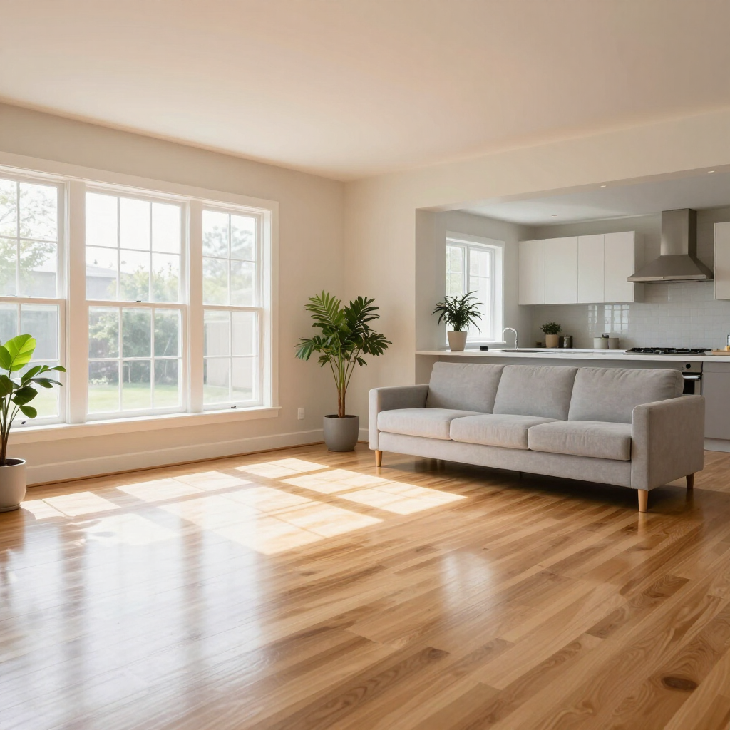 Bright empty living room with large windows, hardwood floors, and a gray sofa beside a kitchen pass-through