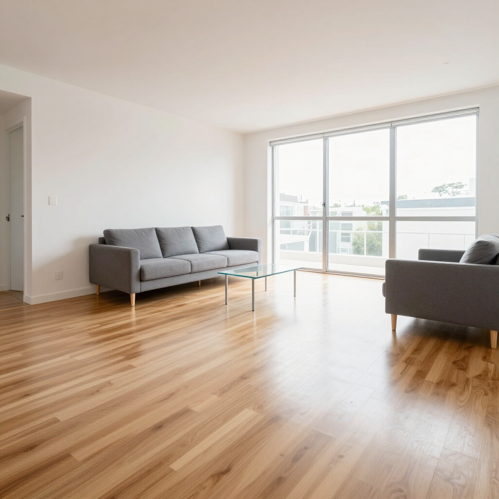 Bright modern living room with hardwood floors, gray sofas, and large windows with city views