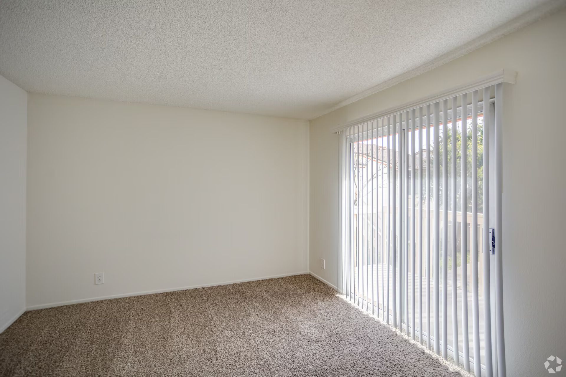 Empty beige carpeted room with white walls and sliding glass door with vertical blinds