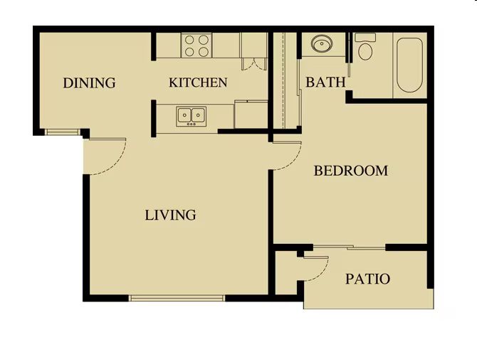 Apartment floor plan with dining, kitchen, living, bath, bedroom, and patio areas