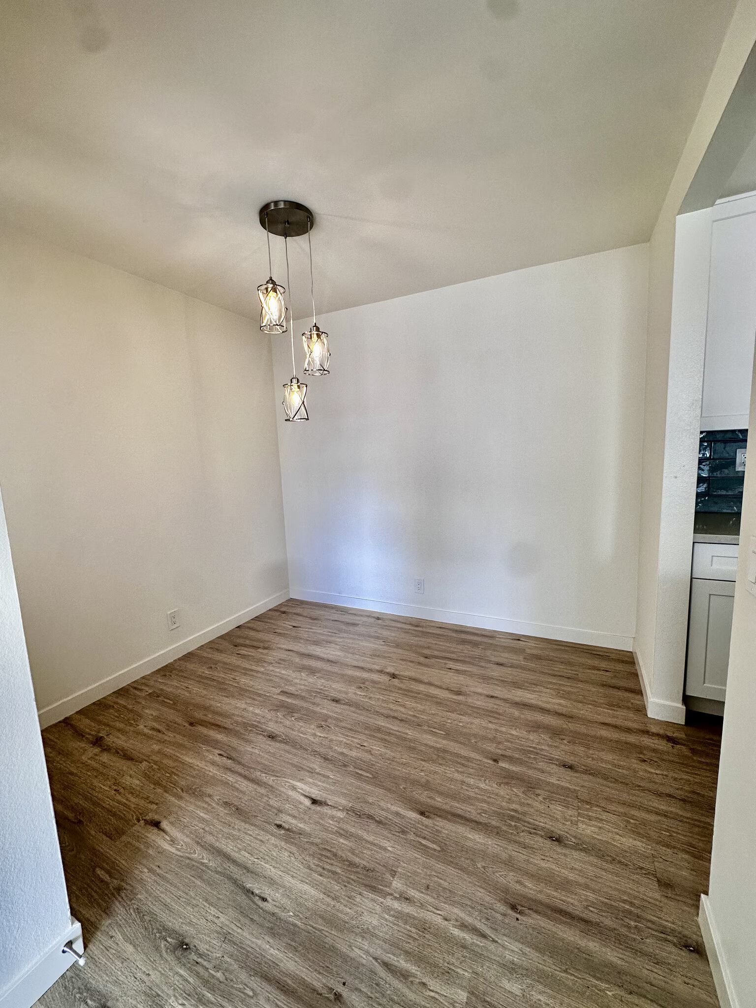 Empty white room with wood-look flooring and two hanging pendant lights