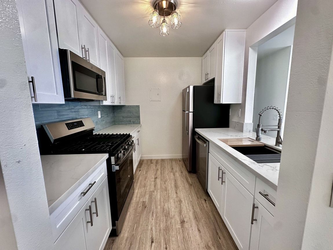 Narrow white galley kitchen with black countertops, stainless appliances, and wood-look flooring