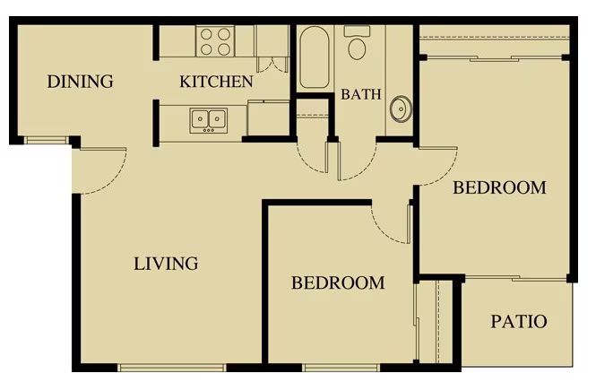 Black-and-white apartment floor plan with dining, kitchen, living room, two bedrooms, bath, and patio.