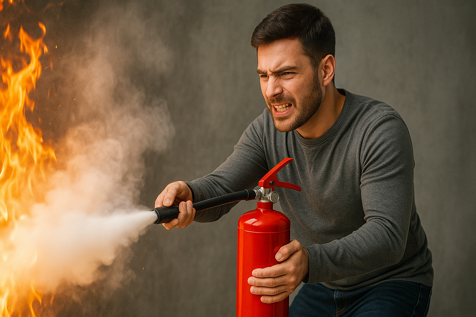 Un homme utilise un extincteur pour éteindre un incendie.