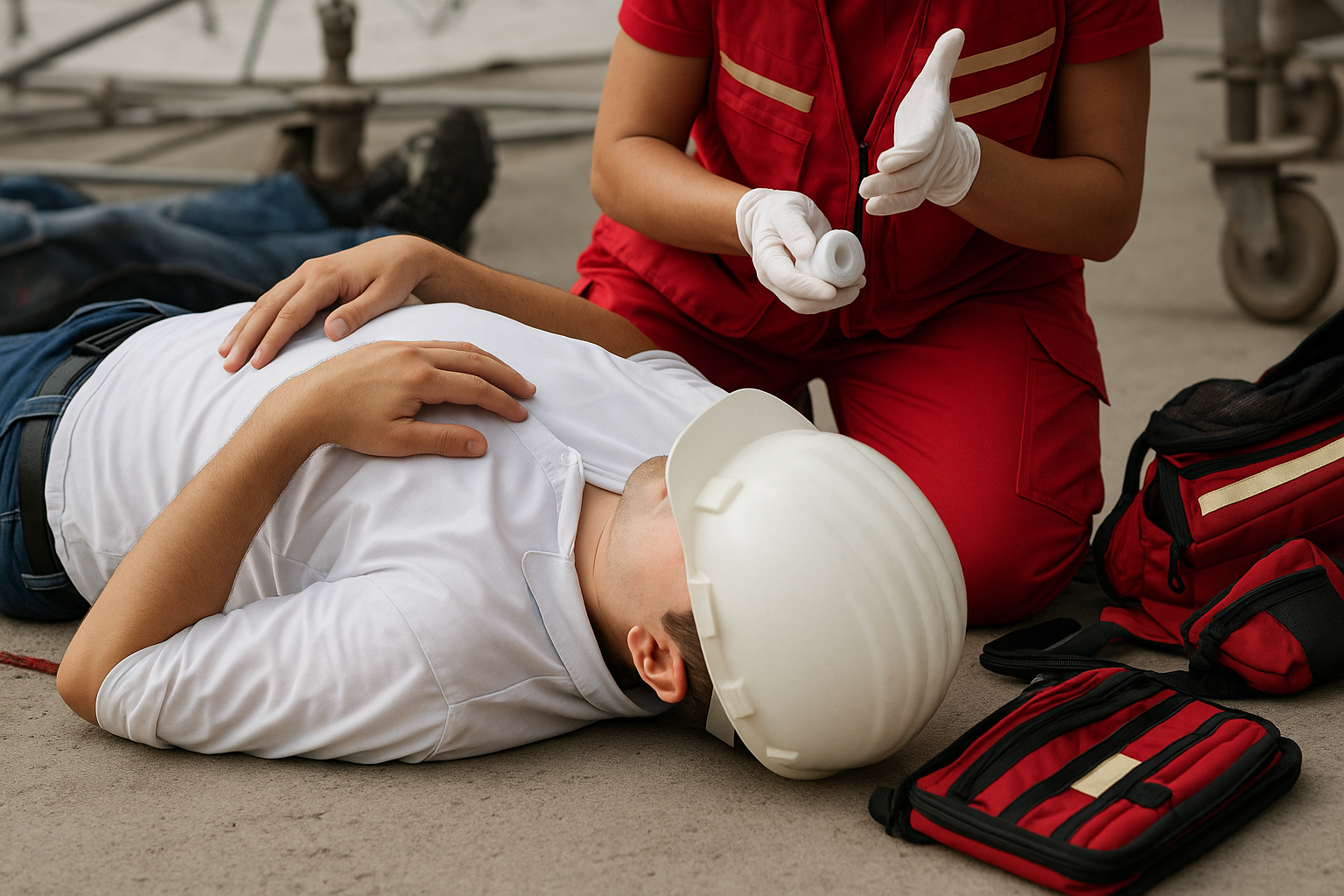 Un ouvrier du bâtiment au sol reçoit les premiers soins d'une personne en uniforme rouge.