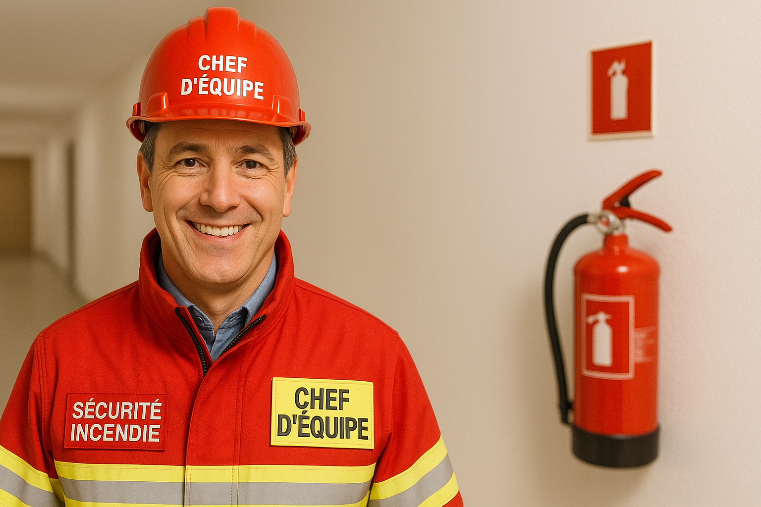 Un homme portant un casque rouge et un extincteur rouge se tient devant un extincteur.