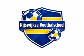 Rijswijkse Voetbalschool banner in blue and yellow with soccer ball graphics