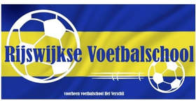 Rijswijkse Voetbalschool banner in blue and yellow with soccer ball graphics