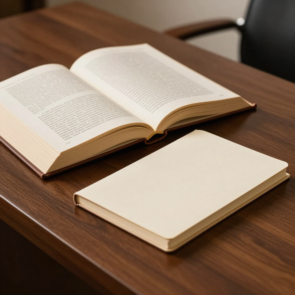 Un libro abierto y un cuaderno cerrado sobre un escritorio de madera bajo una luz cálida.