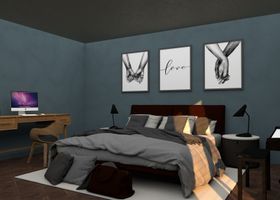 Dormitorio moderno con paredes grises, una cama hecha, cuadros enmarcados y un escritorio con un ordenador en la esquina.