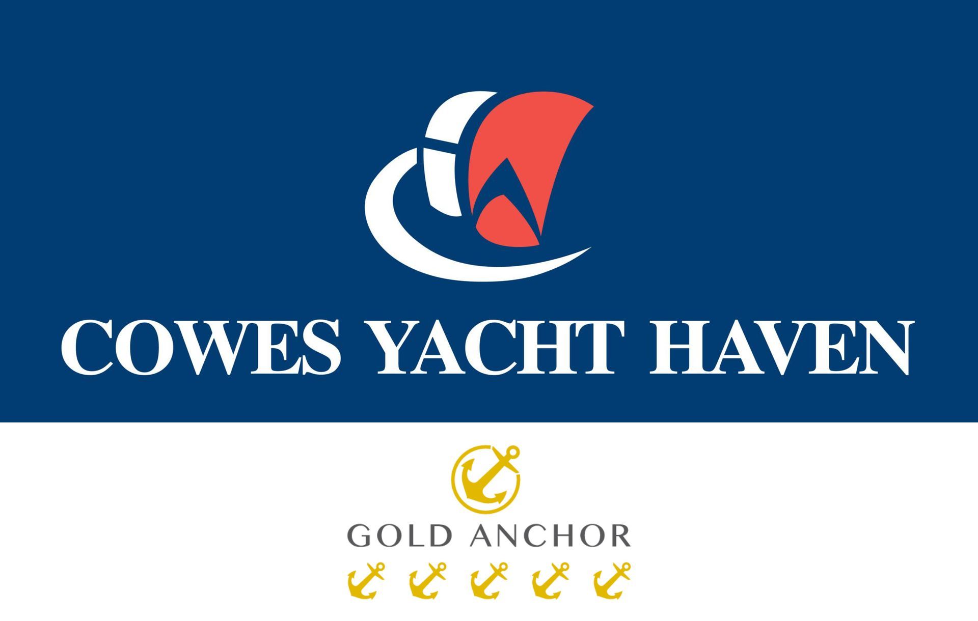 Cowes Yacht Haven logo with blue, red, and white sail icon and Gold Anchor emblem underneath