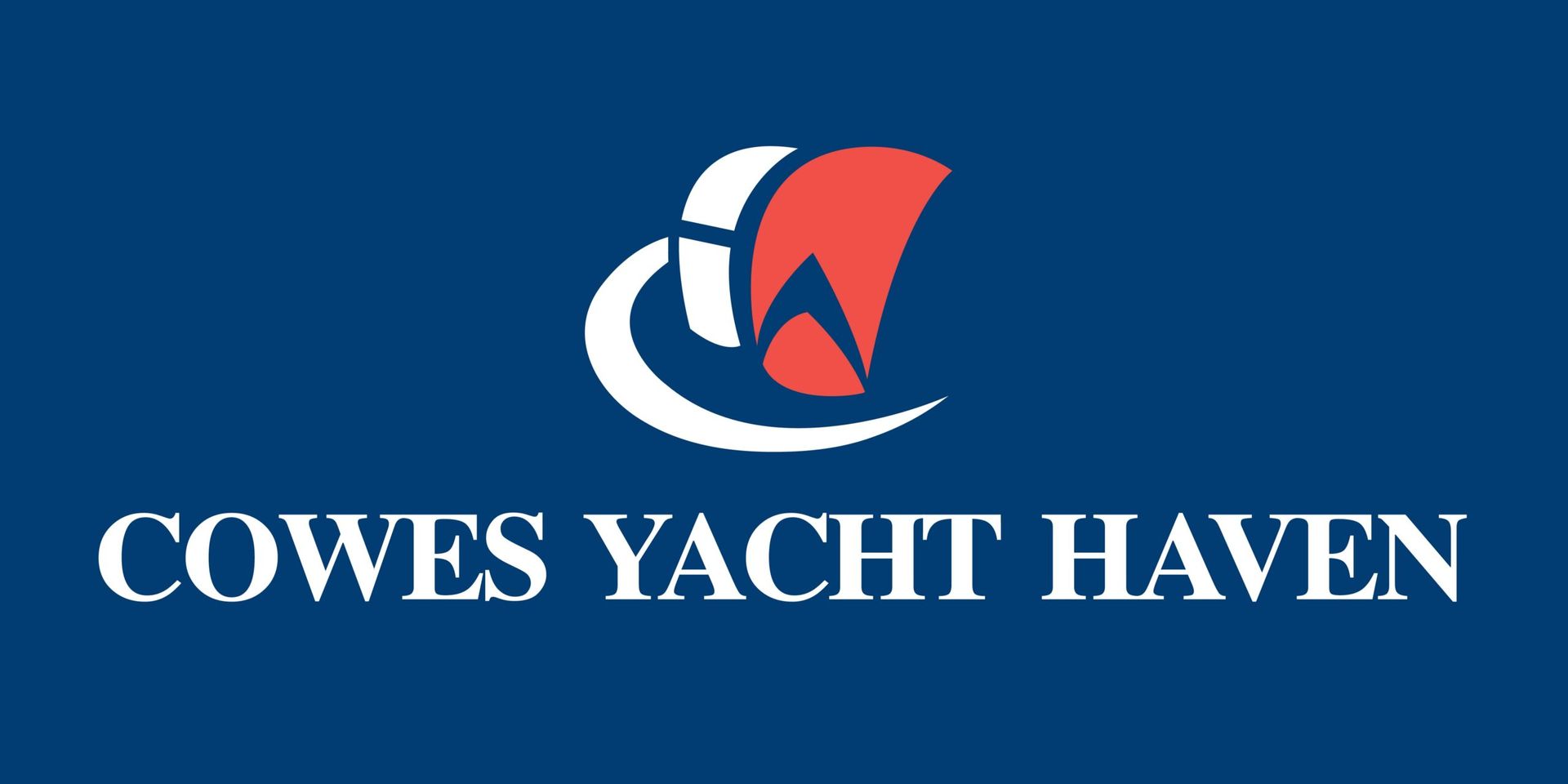 Logo for Cowes Yacht Haven featuring an abstract red and white sail graphic above the white text on a blue background.