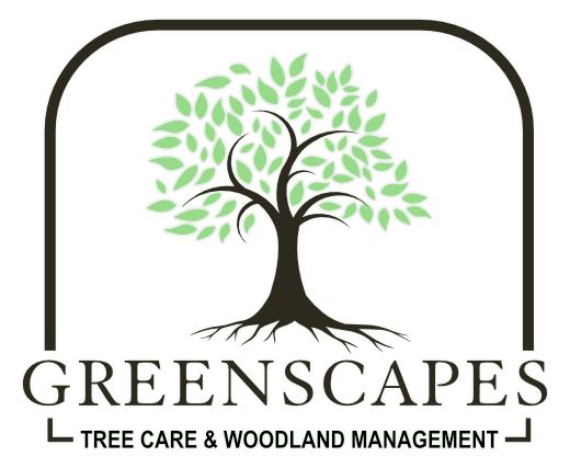 Logo for GreenScapes featuring a black tree silhouette with green leaves inside an arch, above company text.