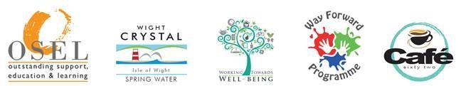A row of six small nonprofit and business logos on a white background, including OSEL, Crystal, and Cafe.