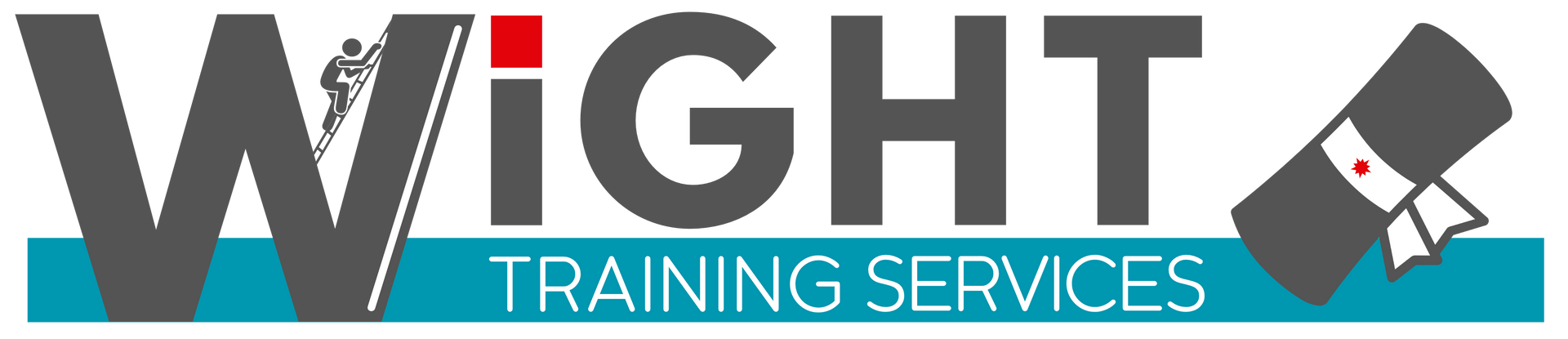 Logo: "Wight Training Services." Gray text. "W" has a person climbing a slope. Red dot on "I." Scroll icon. Blue bar.