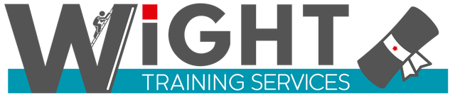 Logo: "Wight Training Services." Gray text. "W" has a person climbing a slope. Red dot on "I." Scroll icon. Blue bar.