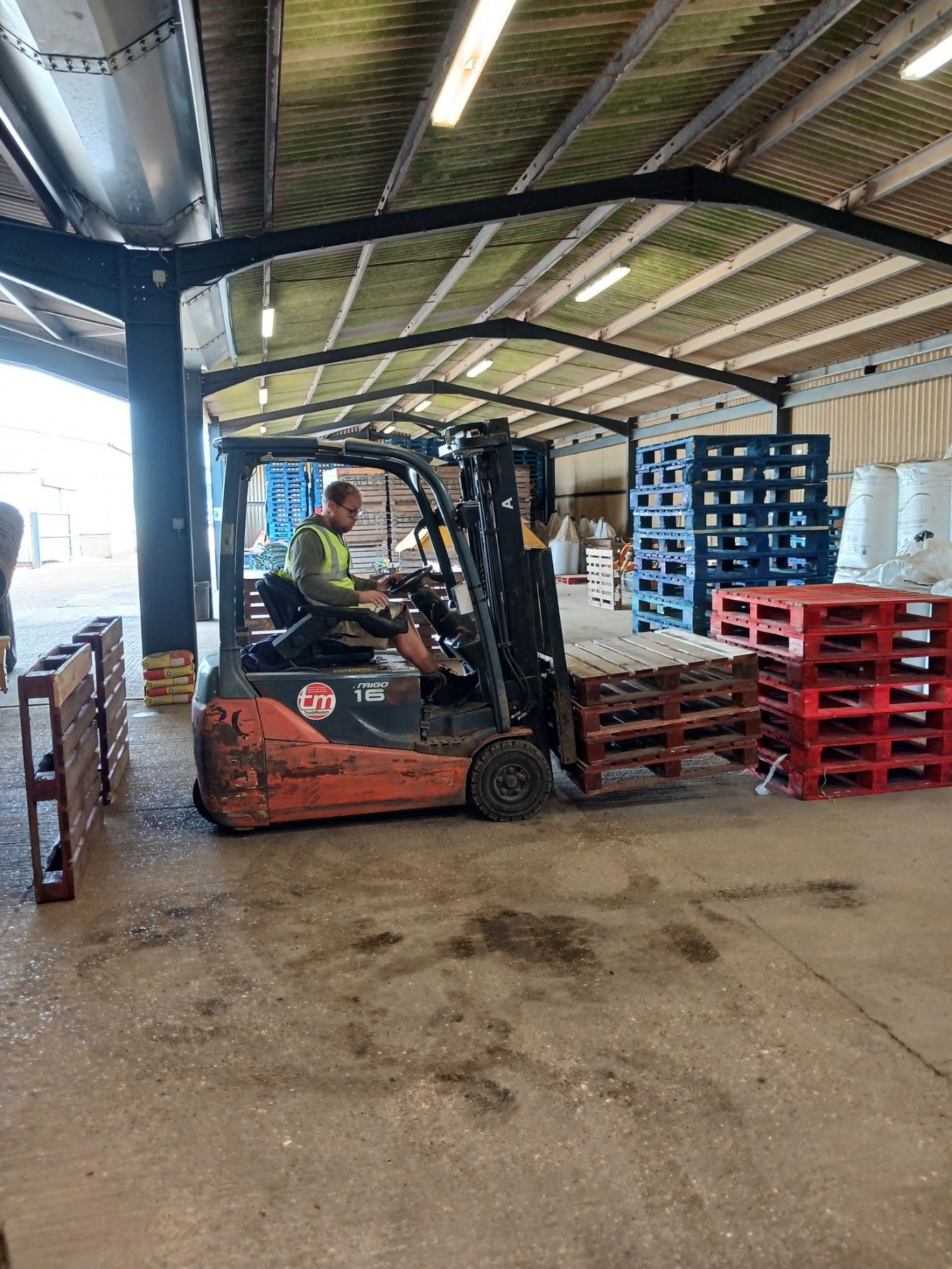 Forklift operator moving pallets inside a warehouse with stacks of red and blue pallets nearby