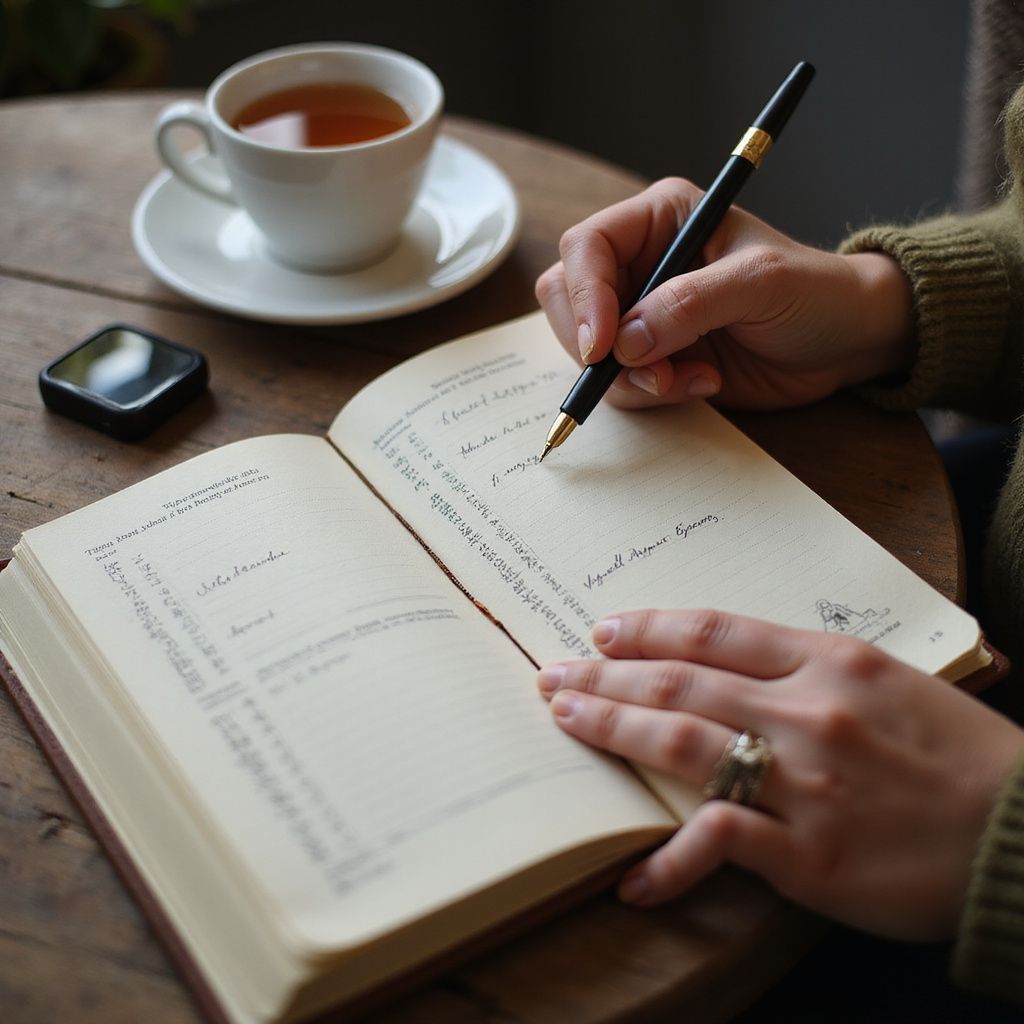 Person writing in a journal with a pen, cup of tea nearby on a wooden table.
