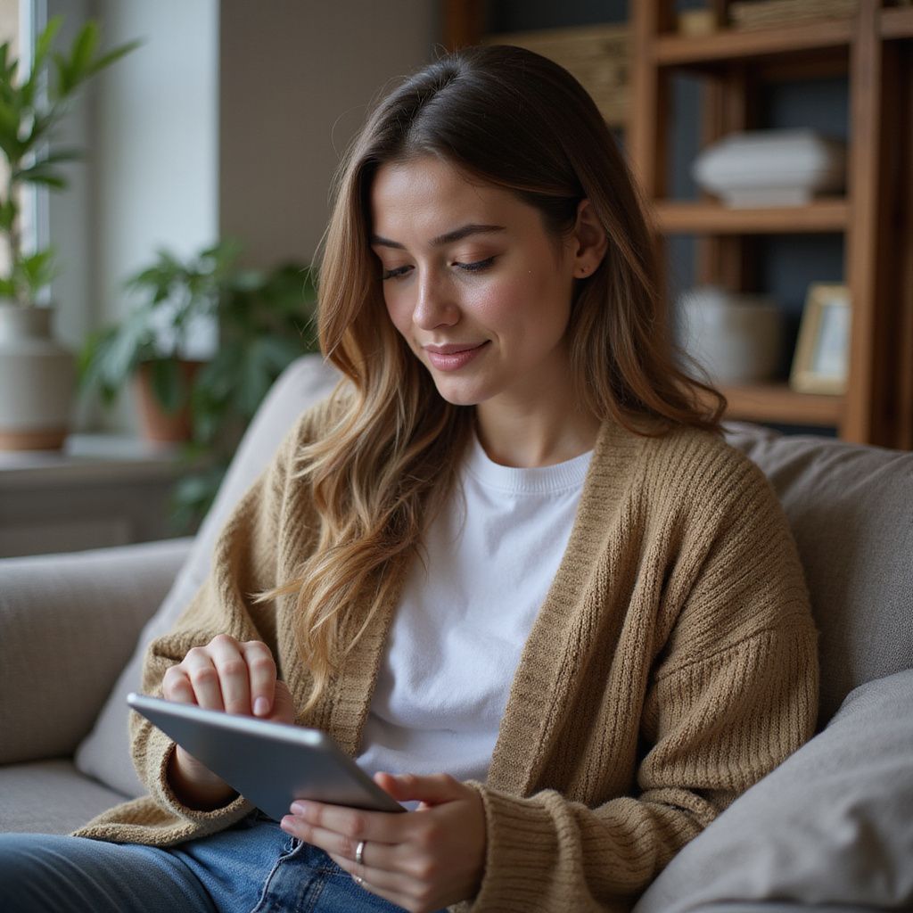 Woman sitting on a couch, using a tablet, smiling. Wearing a cardigan and a white t-shirt.