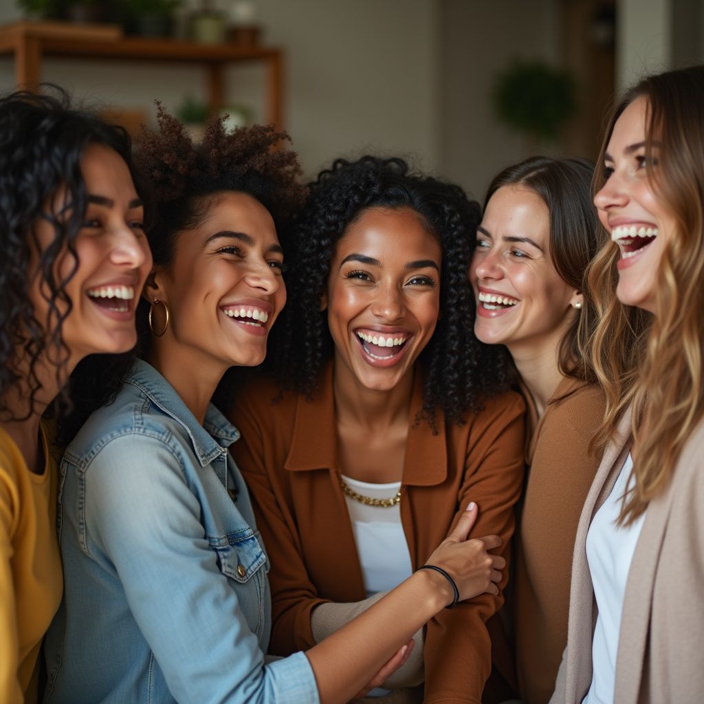 Five smiling women in casual attire, embracing and laughing indoors.
