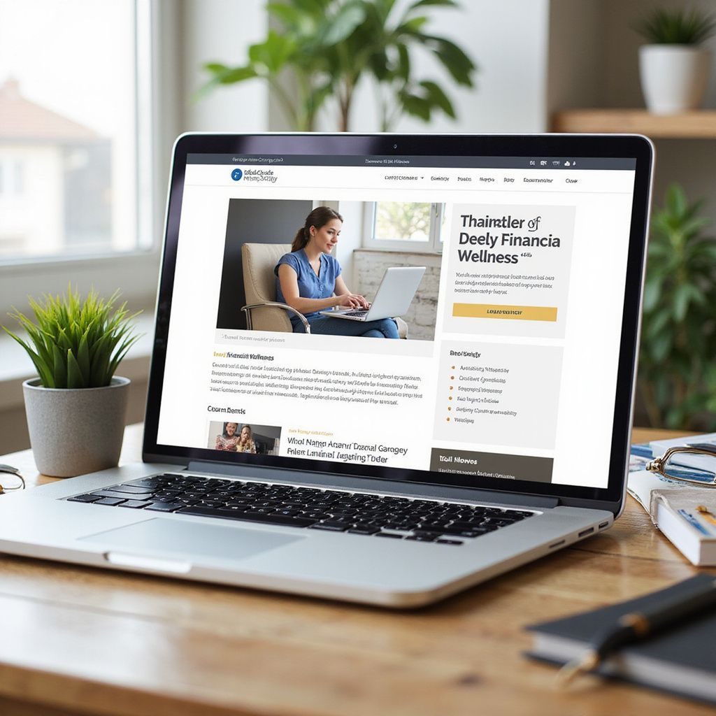 Laptop on desk displaying a webpage about financial wellness; woman using laptop in background.