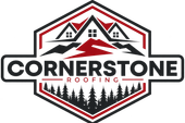 Cornerstone Roofing logo in black, red, and gray with stylized houses and pine trees