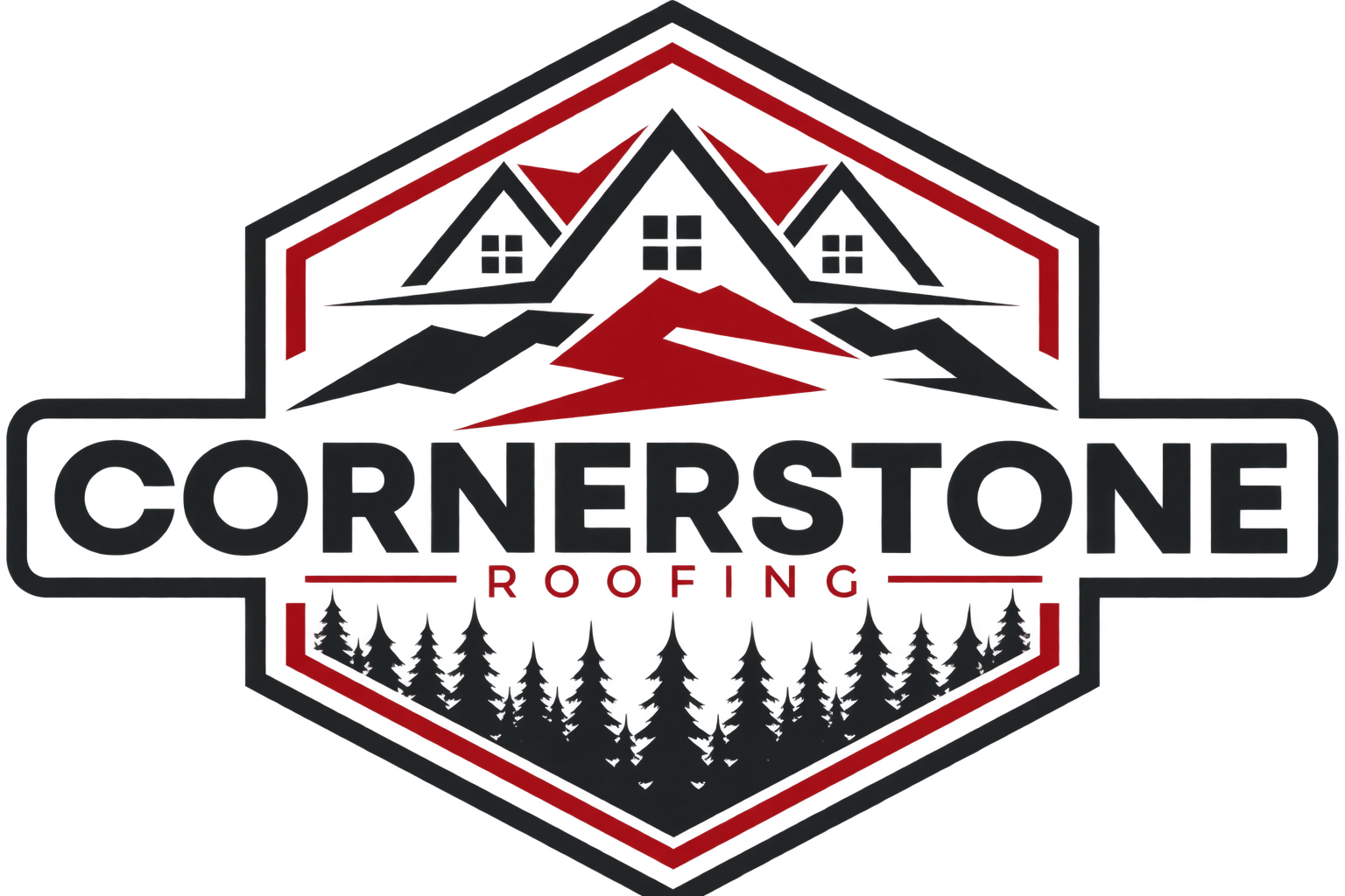 Cornerstone Roofing logo in black, red, and gray with stylized houses and pine trees