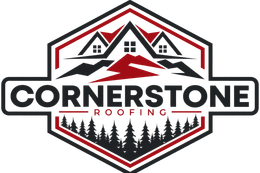 Cornerstone Roofing logo in black, red, and gray with stylized houses and pine trees