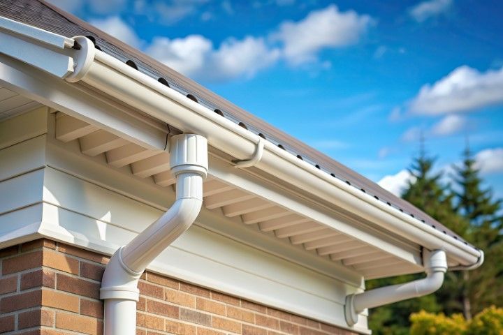 White gutter and downspout on a brick house roofline against blue sky