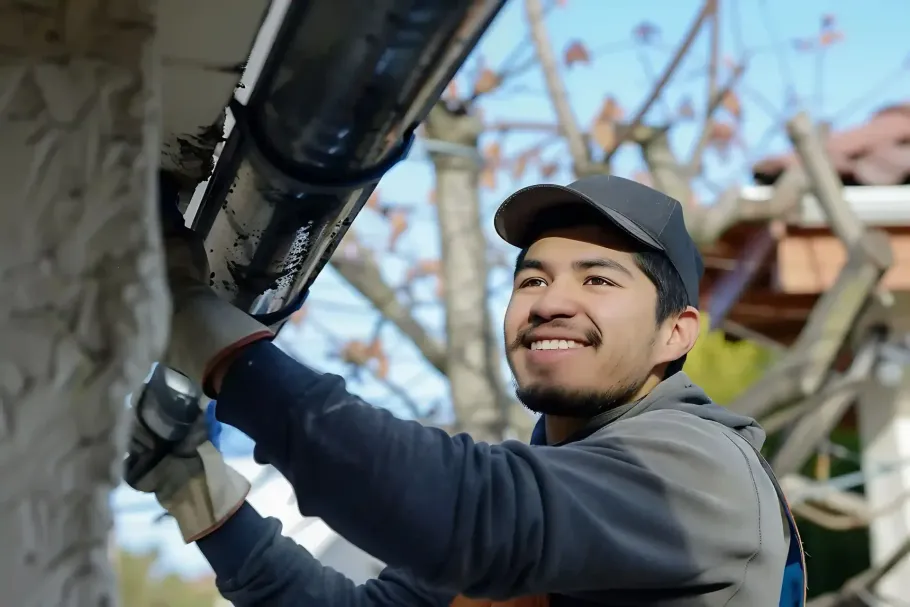 Worker in cap and gloves installing a pipe outdoors, smiling upward under the structure.