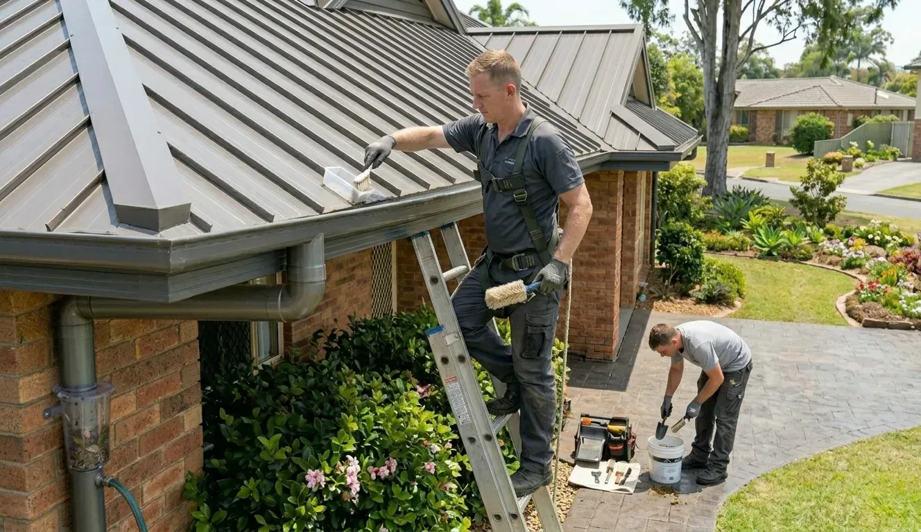 Two workers painting a house exterior, one on a ladder and one on the ground.