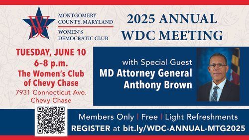 Flyer for the 2025 Annual WDC meeting with MD Attorney General Anthony Brown as the special guest. The meeting is June 10 at The Women's Club of Chevy Chase.