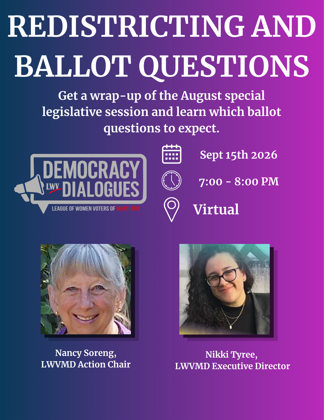 Redistricting and Ballot Questions event flyer with two speakers, Sept. 15, 7–8 p.m., virtual