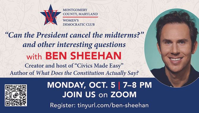 Ben Sheehan event flyer: “Can the President cancel the midterms?” Monday, Oct. 5, 7–8 PM, on Zoom.