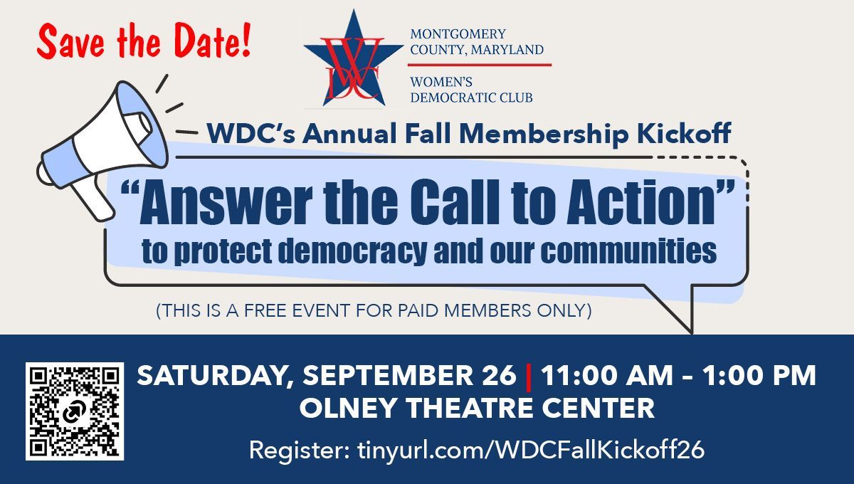WDC Fall Membership Kickoff flyer: “Answer the Call to Action” event Sept. 26 at Olney Theatre Center.