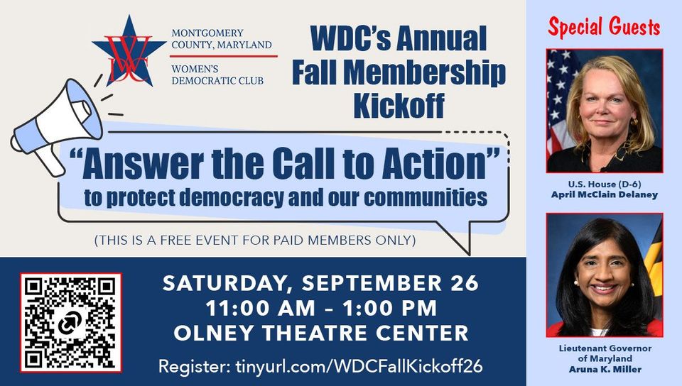 Flyer for WDC annual fall membership kickoff, “Answer the Call to Action,” Sept. 26 at Olney Theater Center.