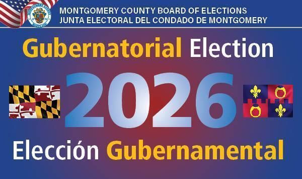 Montgomery County Board of Elections banner for 2026 gubernatorial election, in English and Spanish.
