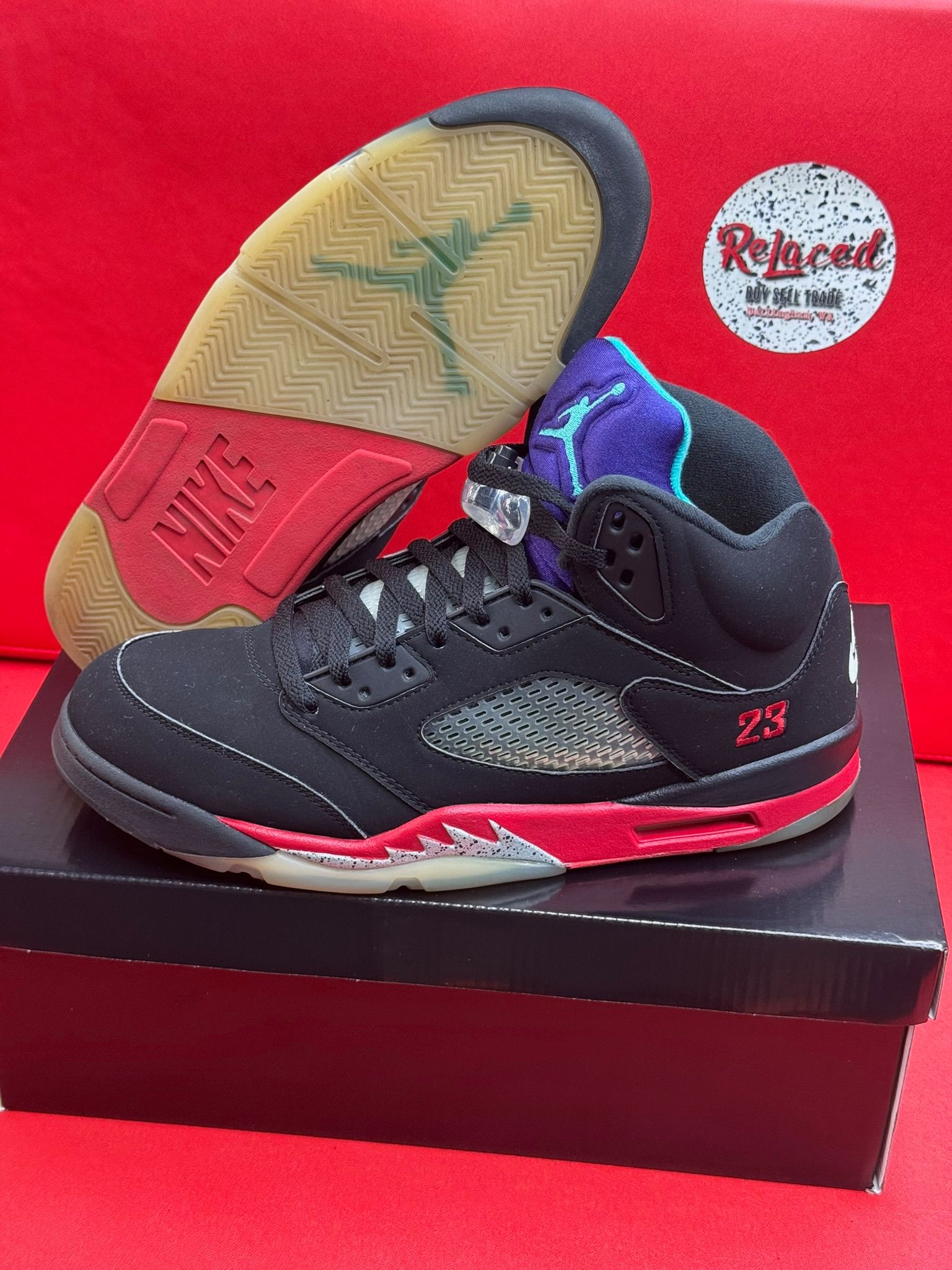Nike Air Jordan 5 Top 3 Black Red Blue Basketball Sneakers Mens size 9 136027-006 Nike Air Jordan 5 Retro Satin Black University  main image 2